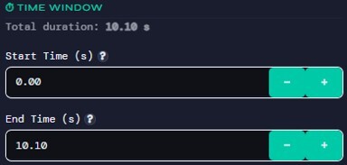 Dashboard sidebar Time Window Selection controls for setting the start and end times of the analysis