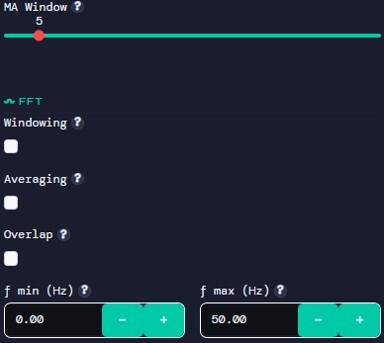 Dashboard sidebar FFT Configuration with moving average window, averaging and overlap options