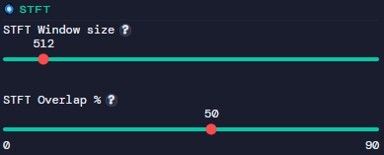 Dashboard sidebar STFT Parameters for window size and overlap percentage used in the spectrogram