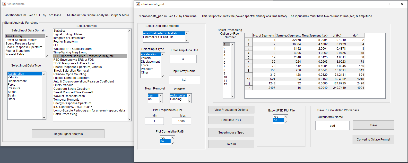 How to calculate PSD using Tom Irvine's vibration data toolbox